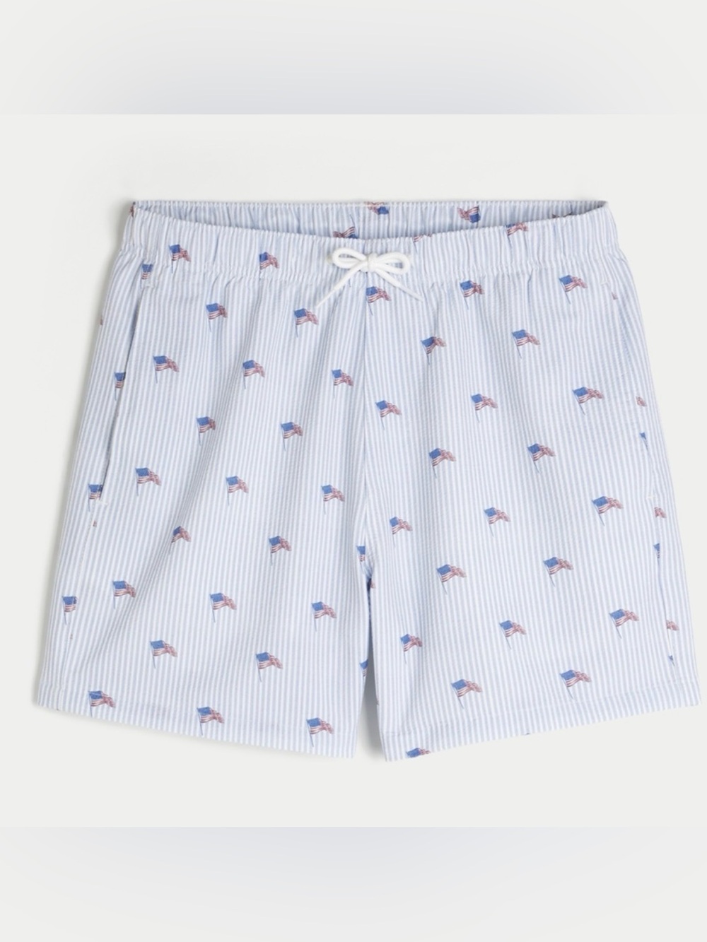 Hollister Light Blue & White Striped Swim Trunks with Flag Motif
